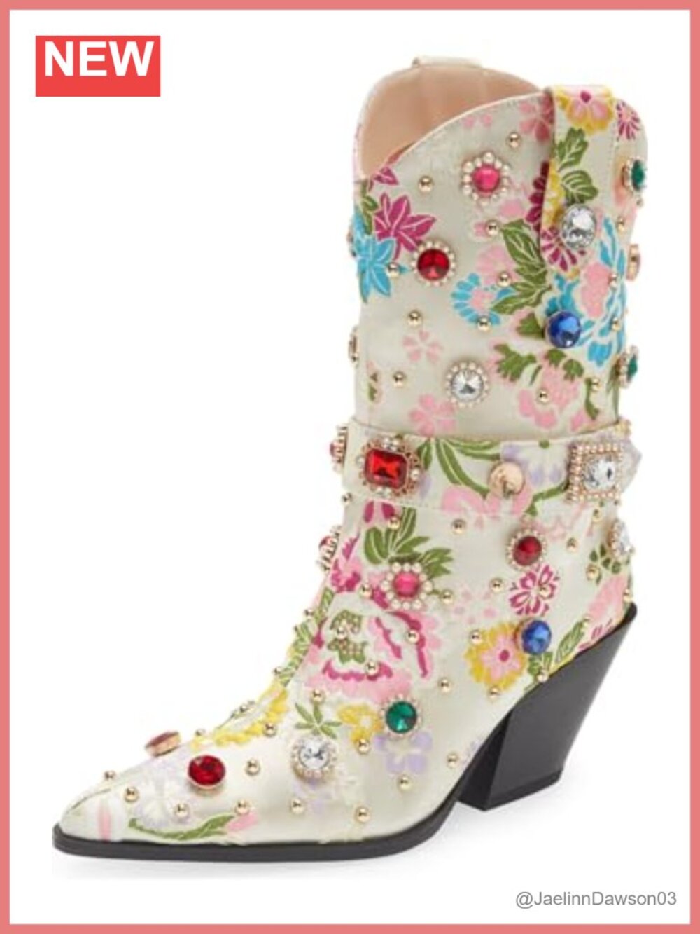 Western Cowboy Boots Flower Embroidered Rhinestone Mid Calf Pointed Toe Chunky